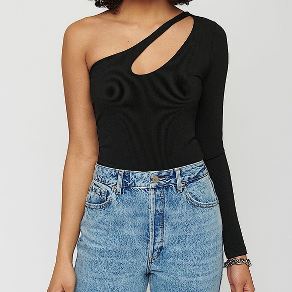 Dynamite Tops - DYNAMITE | Black asymmetrical one sleeve bodysuit